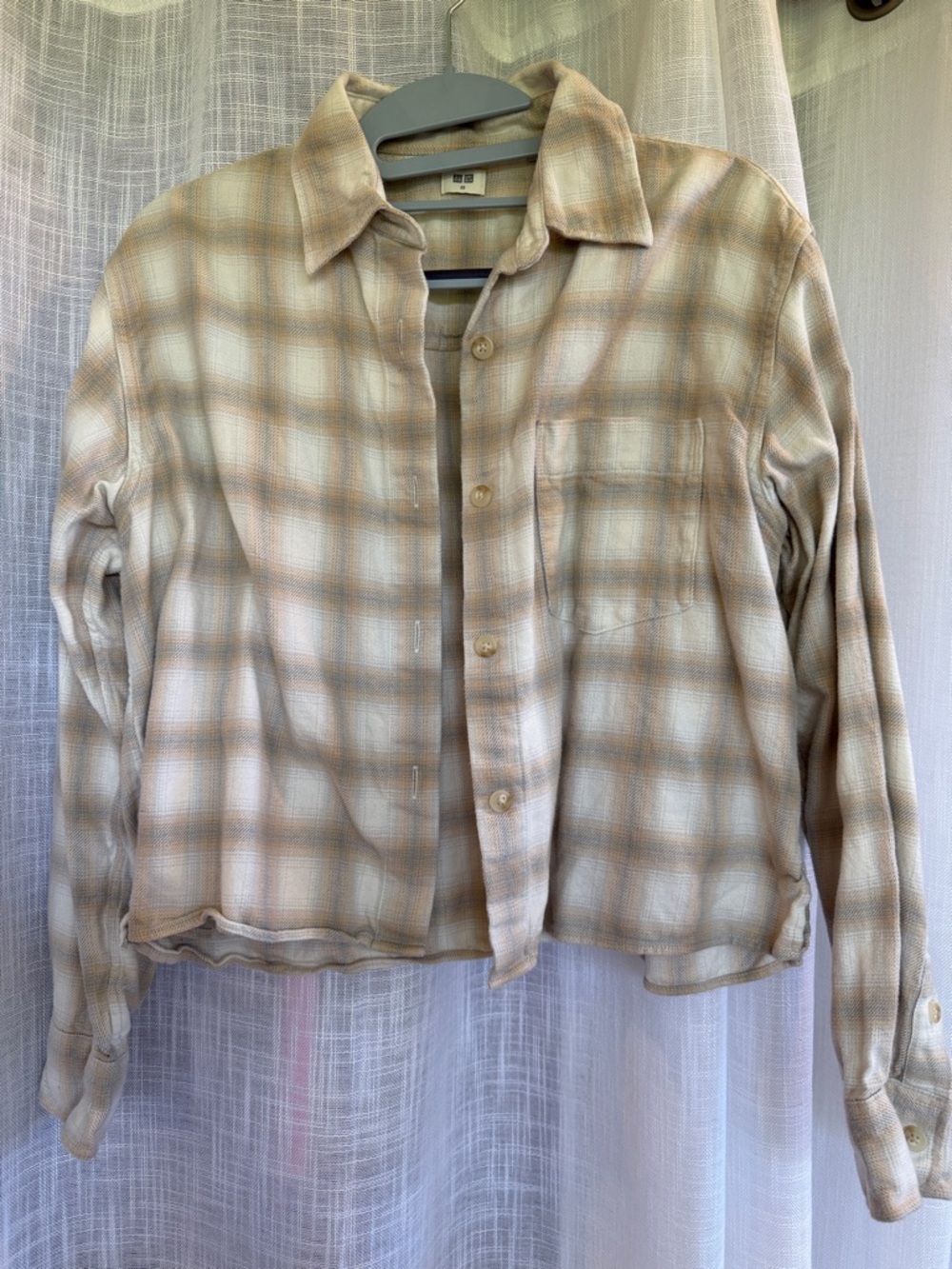 Beige Plaid Button-Up Shirt - women’s crop